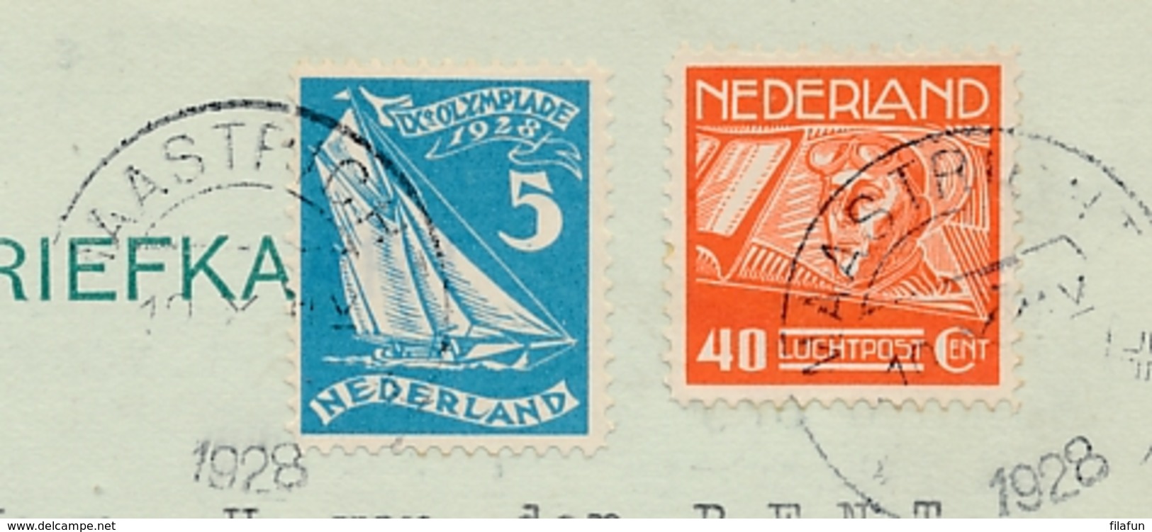 Nederland / Nederlands Indië - 1928 - 5 Cent Olympiade En 40 Cent Luchtpost Op 5e Proefvlucht Van Maastricht Naar Medan - Nederlands-Indië