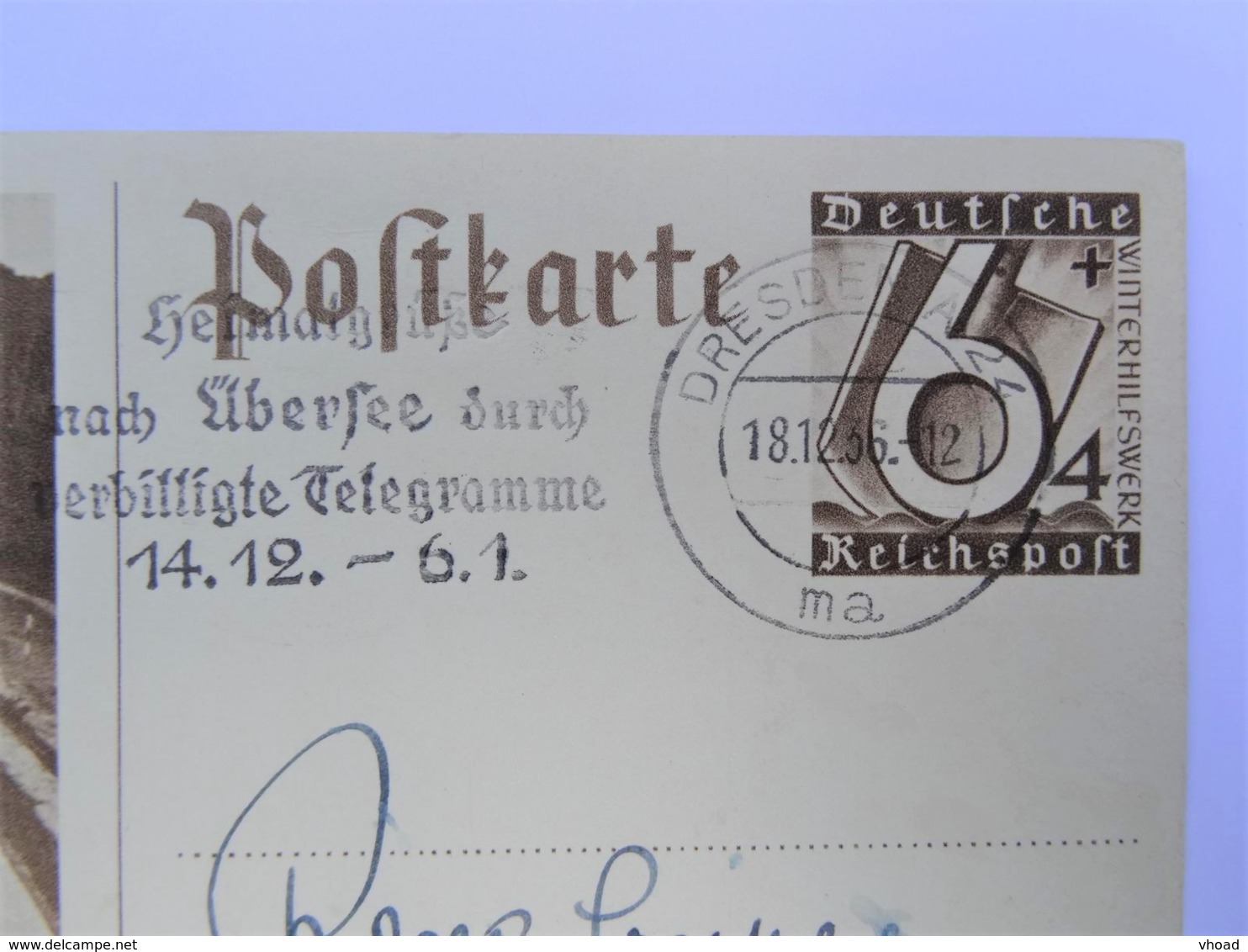 1936 DR Postkarte Dresden, Ganzsache P 263 , Freistempel "Heimatgrüße Nach Übersee Durch Verbilligte Telegramme" - Briefe U. Dokumente