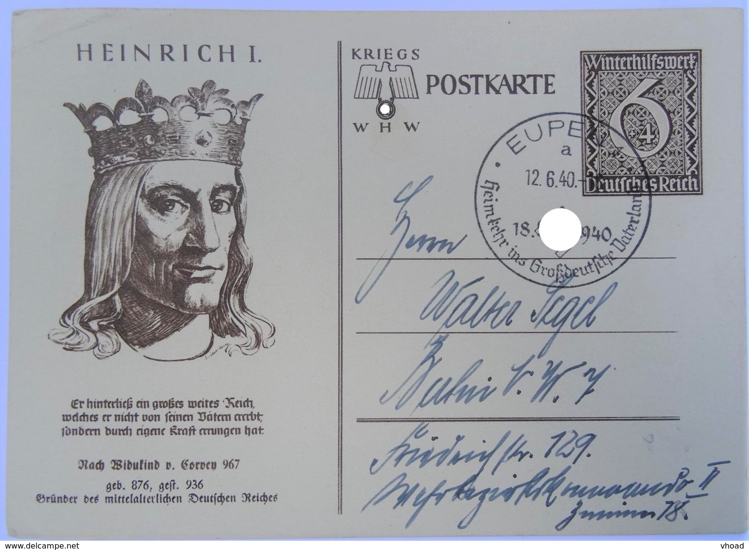 1940 DR Postkarte Eupen, Ganzsache P 285/01, Sonderstempel "Heimkehr Ins Großdeutsche Vaterland" - Briefe U. Dokumente