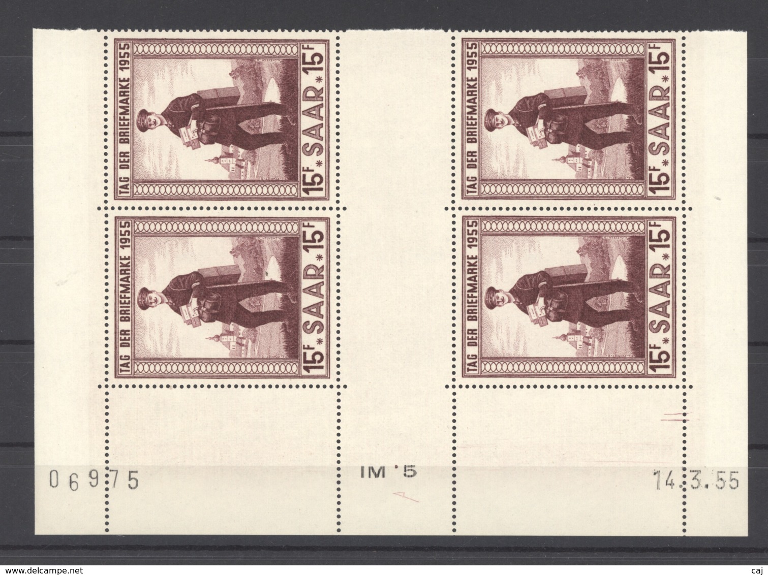 Sarre  :  Mi  361 Br  **  Coin Daté :  14-3-55 Dans Bloc De 4 - Unused Stamps