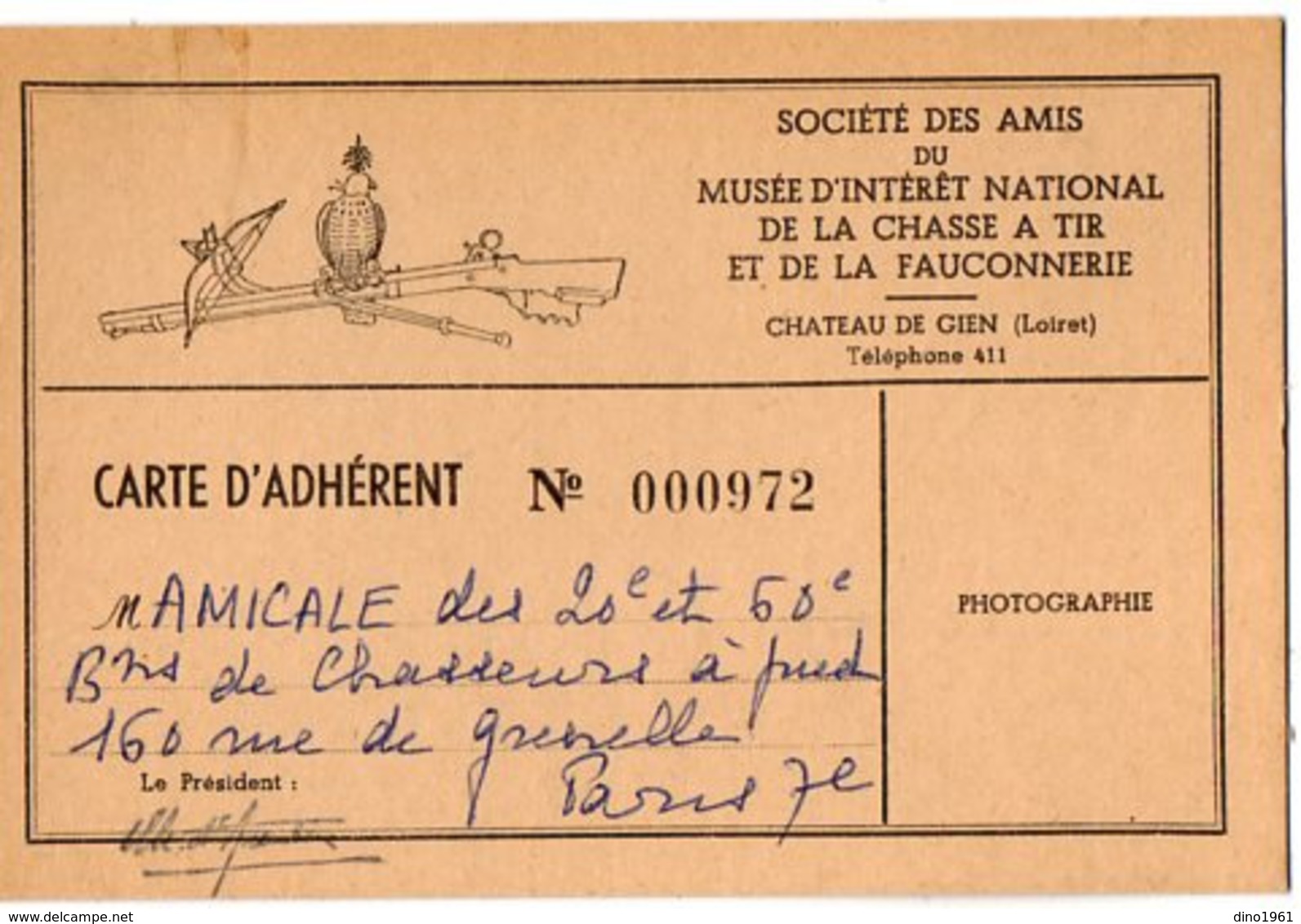 VP15.704 - Château De GIEN 1954 - Société Des Amis Du Musée ..de La Chasse à Tir & De La Fauconnerie - Carte D'Adhérent - Autres & Non Classés