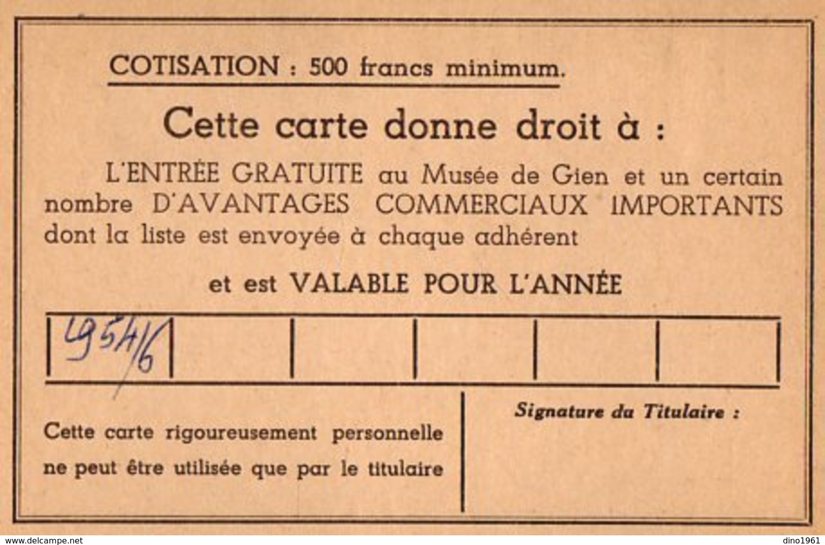 VP15.704 - Château De GIEN 1954 - Société Des Amis Du Musée ..de La Chasse à Tir & De La Fauconnerie - Carte D'Adhérent - Autres & Non Classés