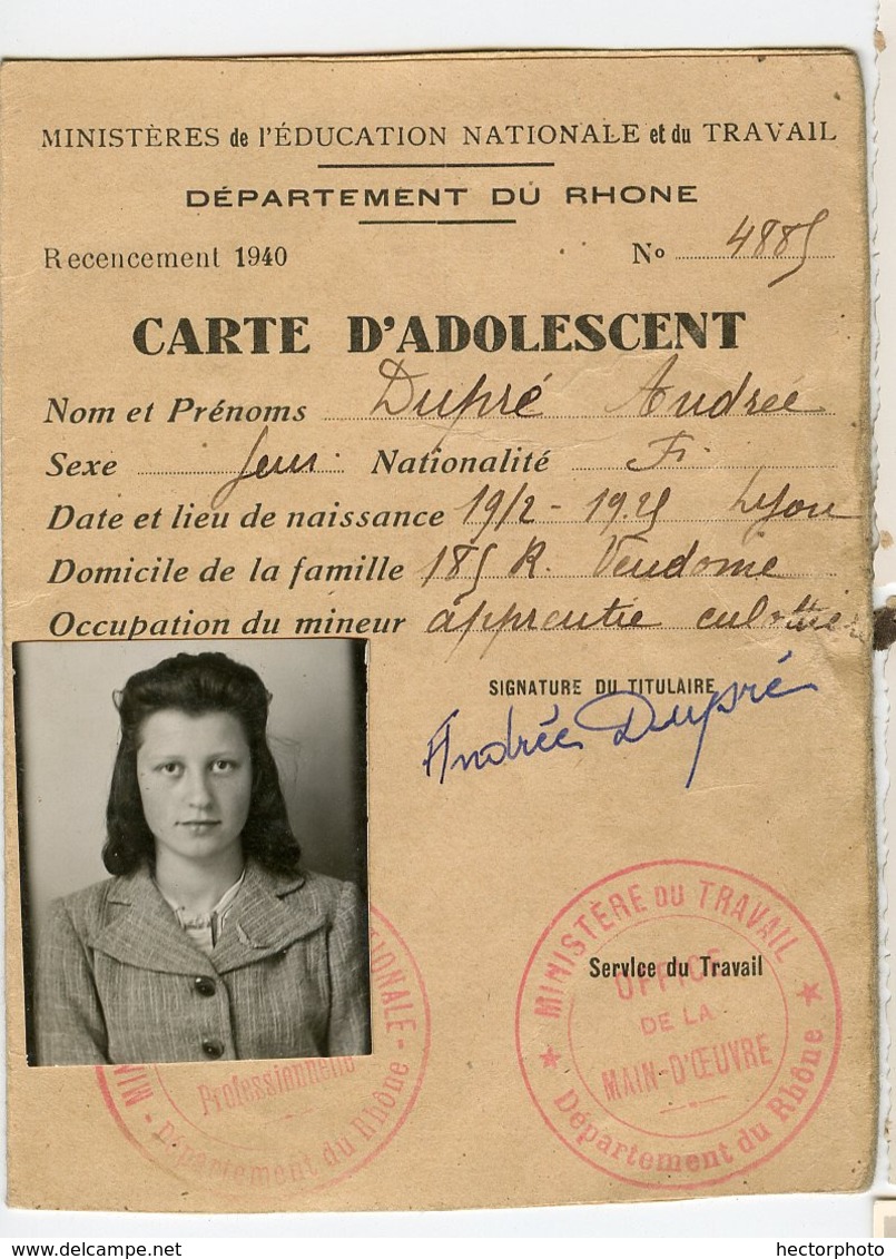 Carte Identité Adolescent Teen Fille Girl Ministère Travail Main D'oeuvre WW2 39-45 Photo Photobooth 40s Andrée DUPRé - Documenti Storici