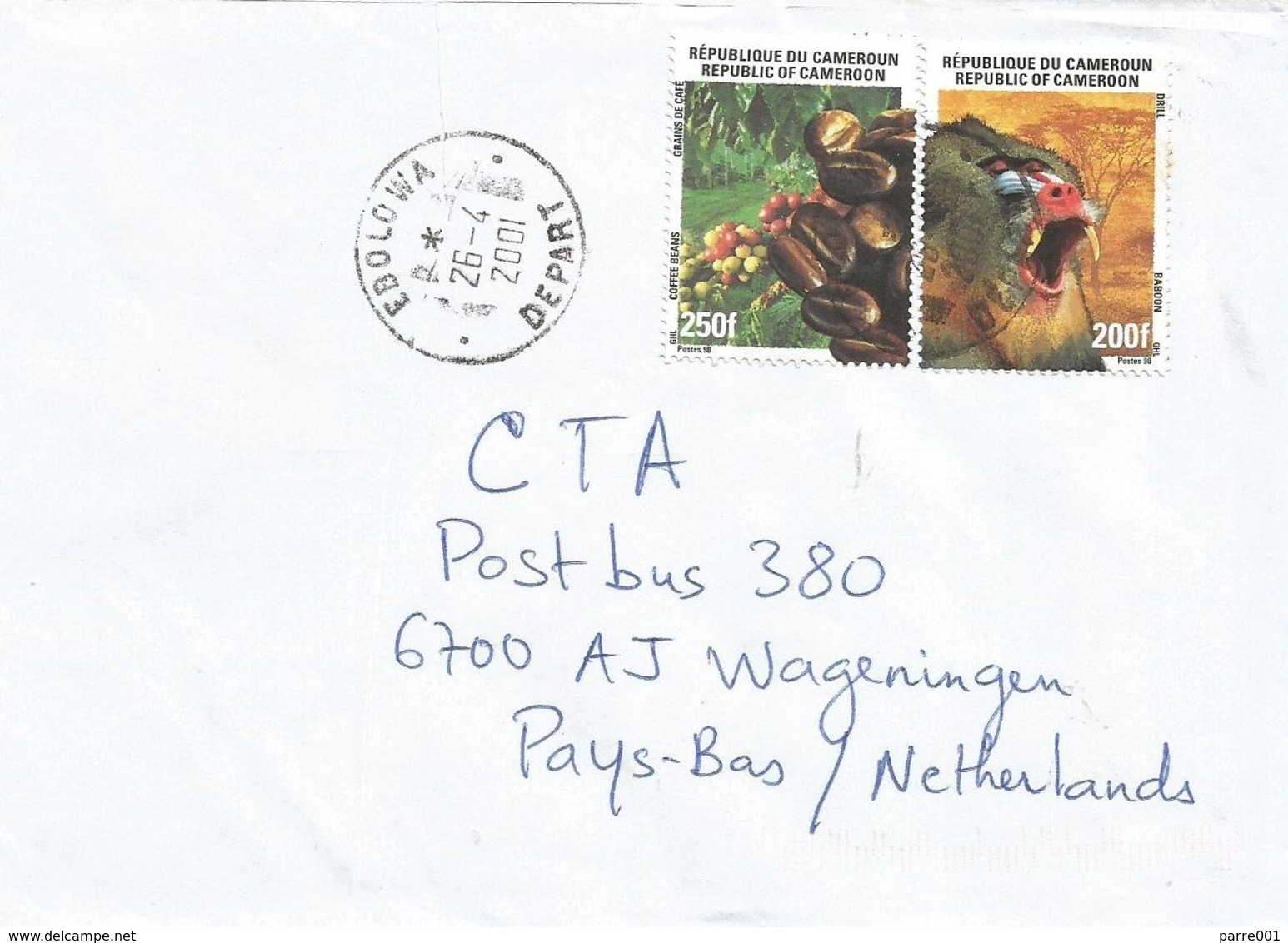 Cameroon Cameroun 2001 Ebolowa Depart Coffee Beans Dril Ape Monkey Cover - Kameroen (1960-...)