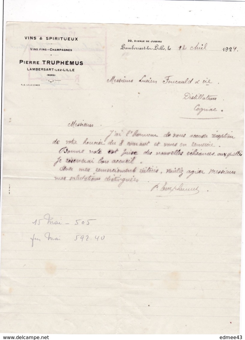 Courrier 1924 Vins Pierre Truphémus, Lambersart-lez-Lille, à Lucien Foucauld & Cie Distillateur Cognac - Banco & Caja De Ahorros