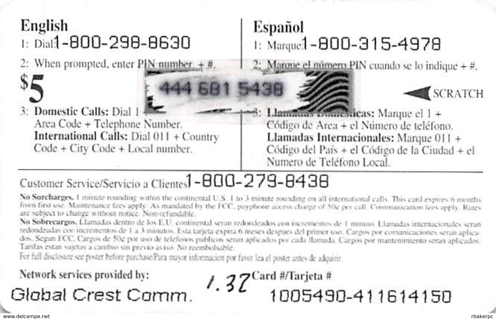 $5 Mexico Caliente Targeta Prepagara / Phone Card - Other & Unclassified