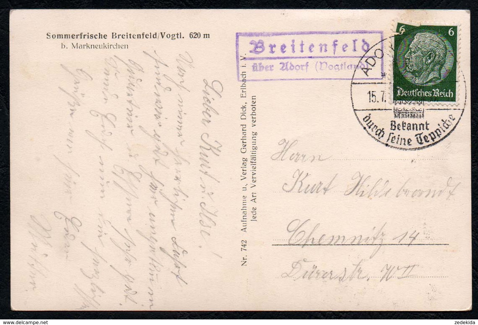 C7803 - Breitenfeld Markneukirchen - Stempel Landpost Landpoststempel über Adorf - Verlag Gerhard Dick Sonderstempel - Markneukirchen