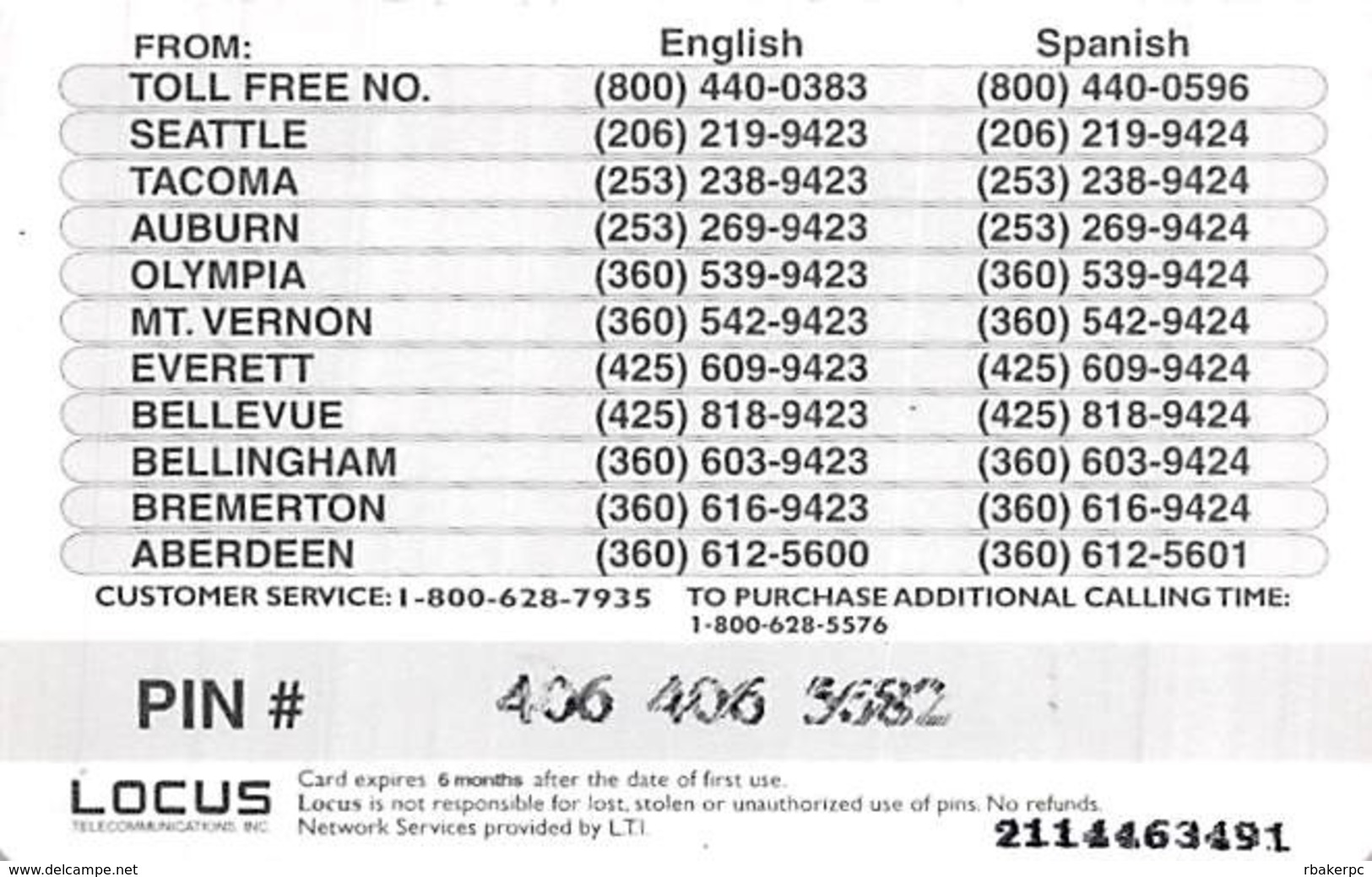 CallPlus UNI Washington $10 Local Access Calling Card - Other & Unclassified