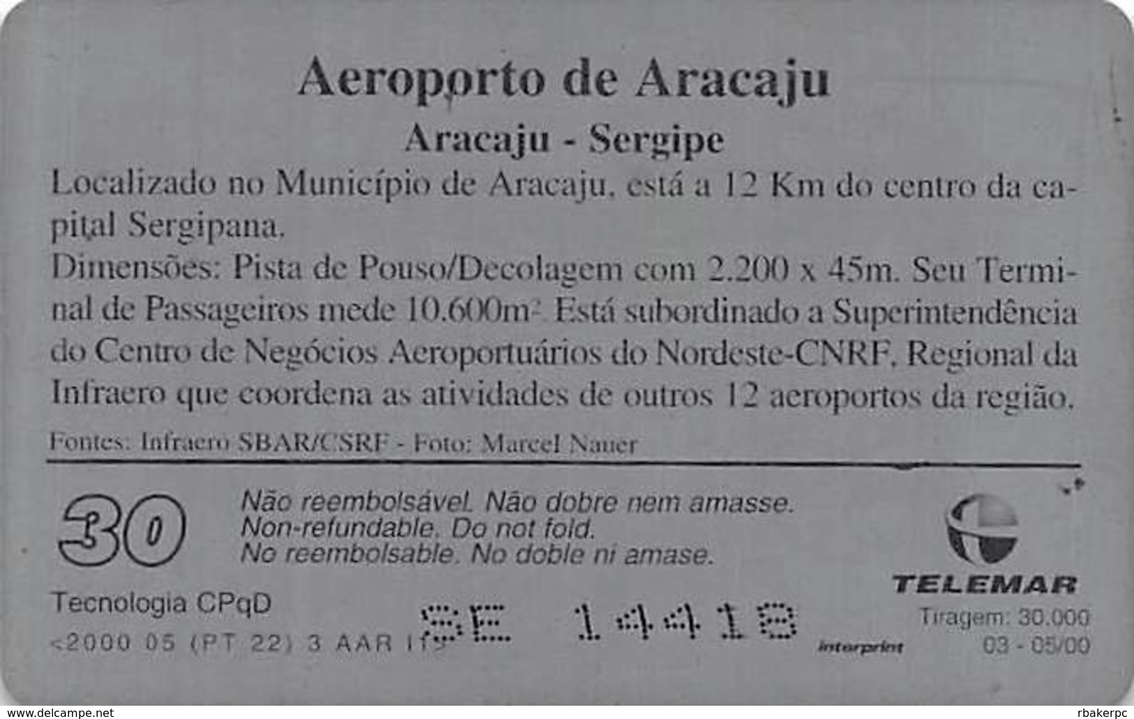 Aeroporto De Aracaju Phone Card - Andere & Zonder Classificatie