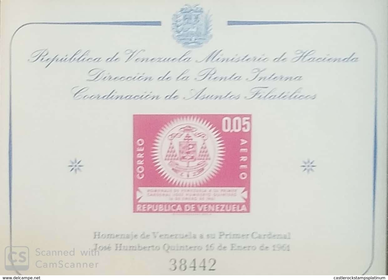 O) 1962 VENEZUELA, VENEZUELAN CARDINAL - HUMBERTO QUINTERO- SC C785a -  SOUVENIR MNH - Venezuela