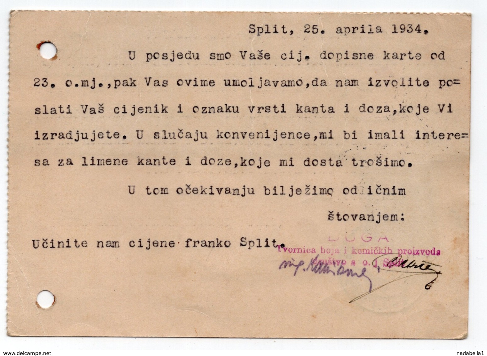 1934 YUGOSLAVIA, CROATIA, SPLIT TO BELGRADE, CORRESPONDENCE CARD, DUGA, CHEMICAL INDUSTRY - Briefe U. Dokumente