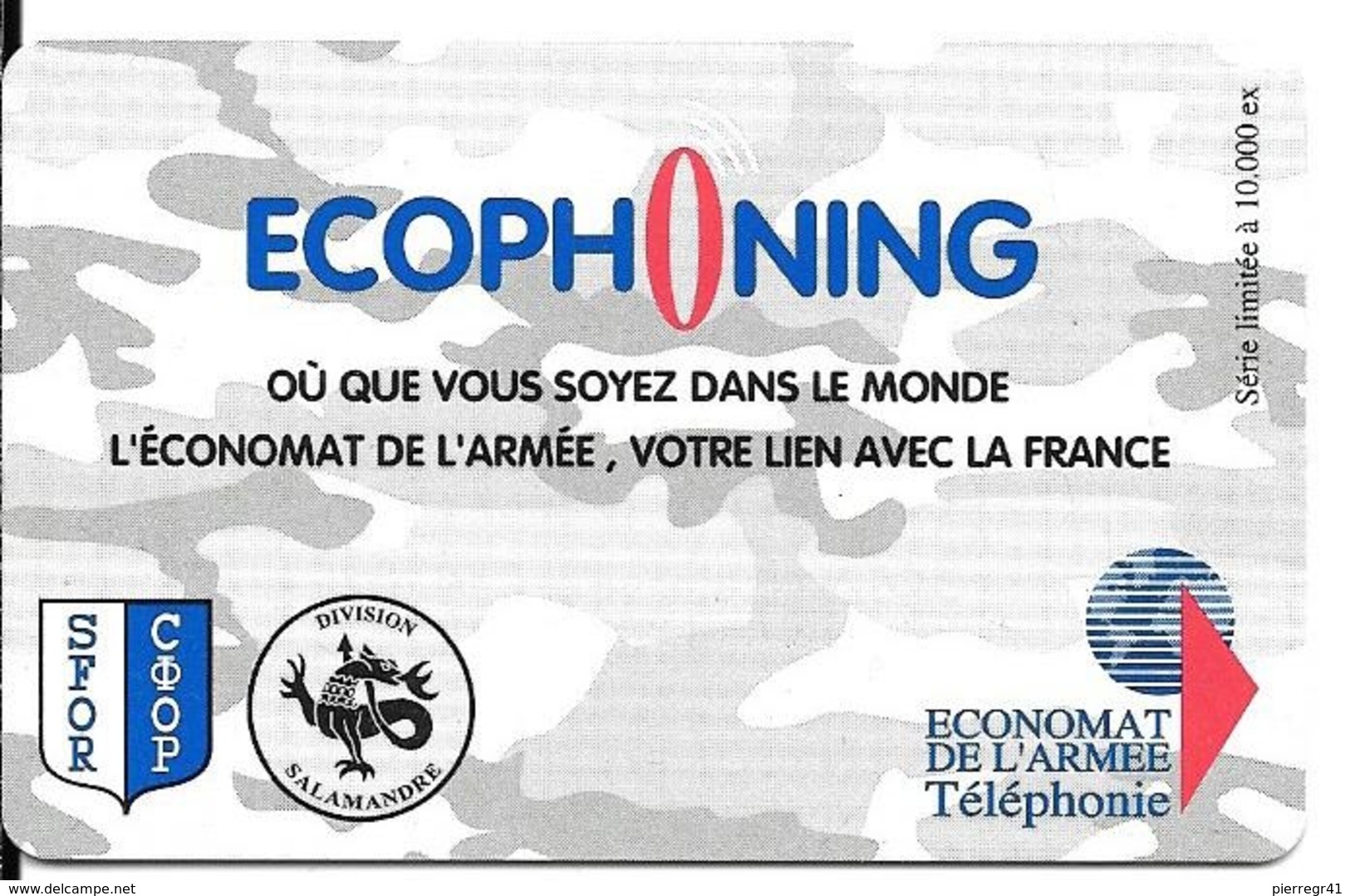 CARTE-PREPAYEE-MILITAIRE- ECOPHONING-DIVISION SALAMANDE-VERT OLIVE-PALE-10000Ex-TBE - Military Phonecards