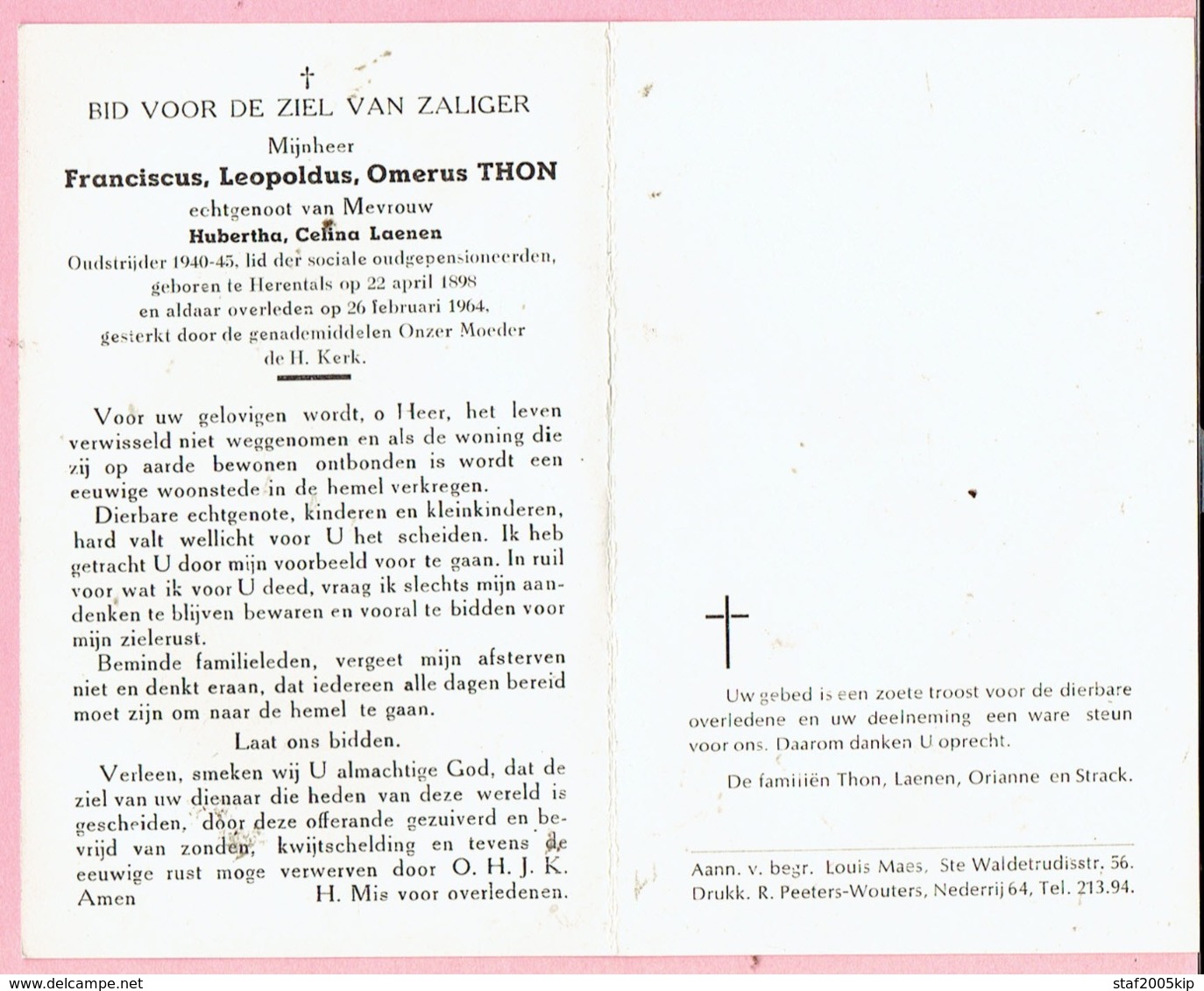 Bidprentje - Franciscus Leopoldus Omerus THON Echtg. Hubertha Celina LAENEN Oudstrijder 1940-45 - Herentals 1898 - 1964 - Religion & Esotérisme