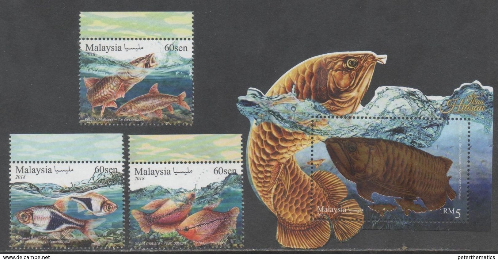 MALAYSIA ,2018, MNH, ORNAMENTAL FISH, FISH, AROWANA, 3v+ FISH-SHAPED S/SHEET - Fishes