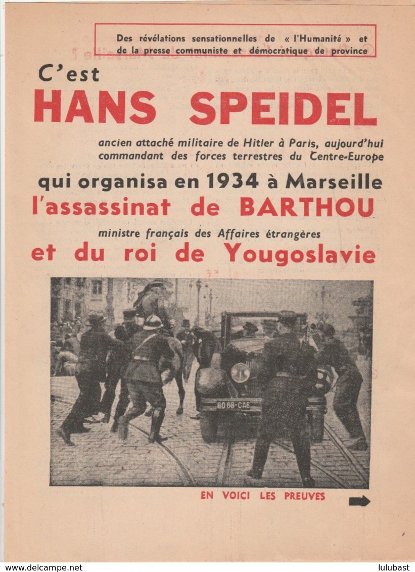 MARSEILLE : Assassinat De L. BARTHOU - Tract Du Journal "l'Humanité" Sur Les Commanditaires De Cet Attentat. 4p. - Historische Dokumente