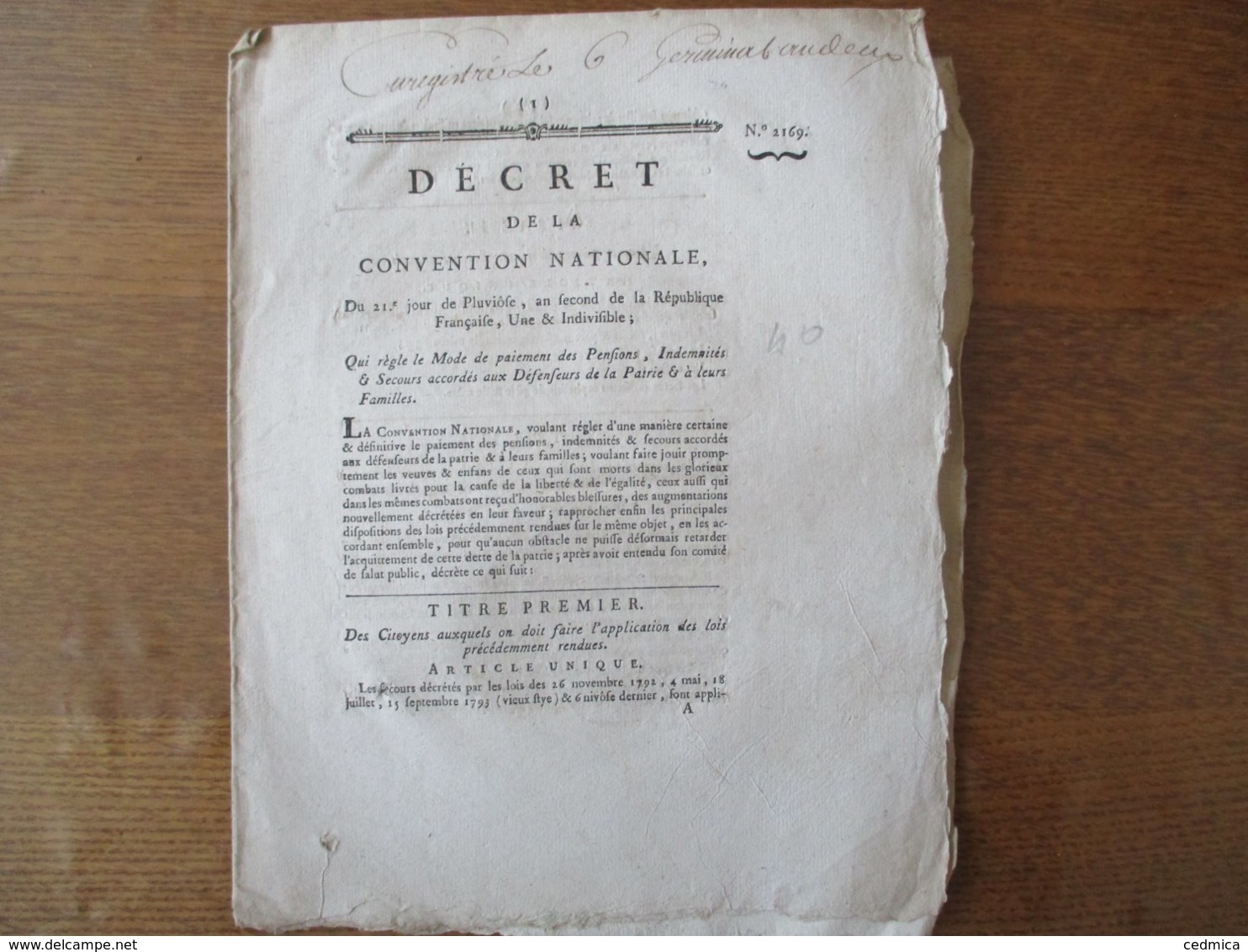 21e JOUR DE PLUVIÔSE AN SECOND DE LA REPUBLIQUE DECRET DE LA CONVENTION NATIONALE DEFENSEURS DE LA PATRIE & LEUR FAMILLE - Decretos & Leyes