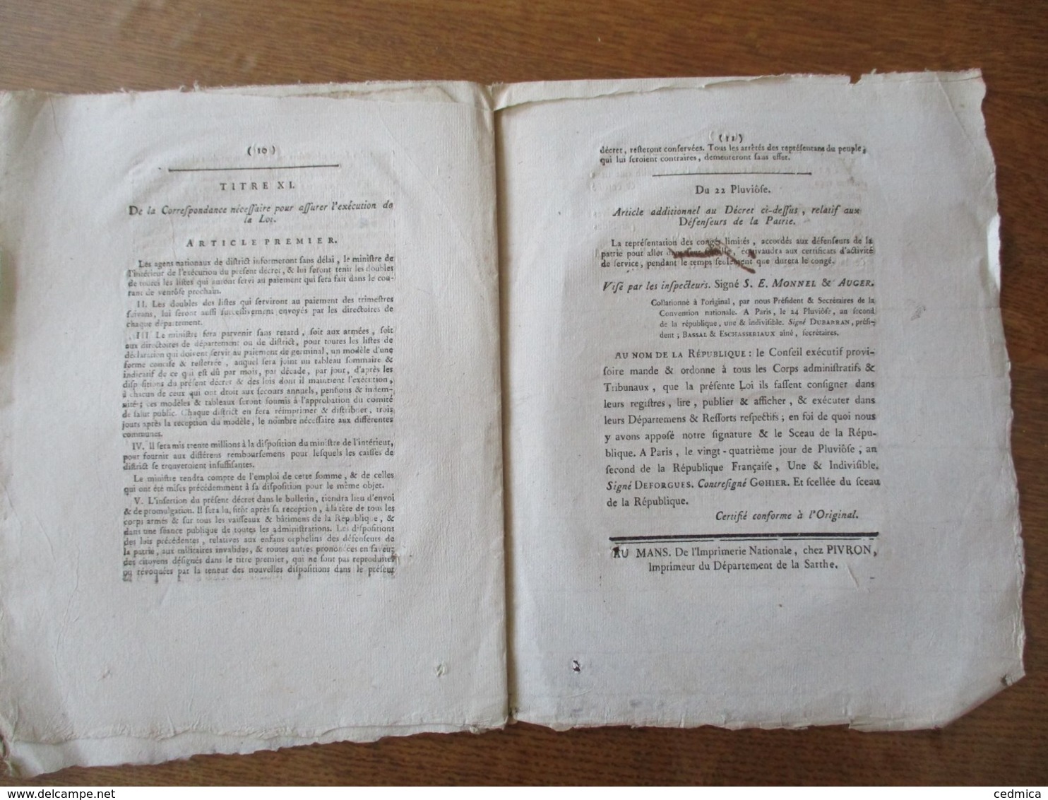 21e JOUR DE PLUVIÔSE AN SECOND DE LA REPUBLIQUE DECRET DE LA CONVENTION NATIONALE DEFENSEURS DE LA PATRIE & LEUR FAMILLE - Decretos & Leyes