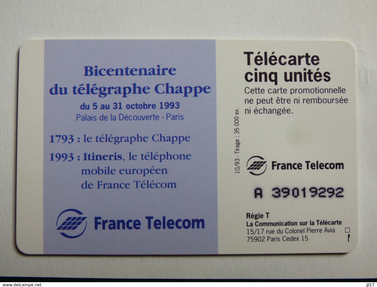 Télécarte 5 Unités GN 3 "C.Chappe" 10/93 - Neuve Sans Blister - 5 Eenheden