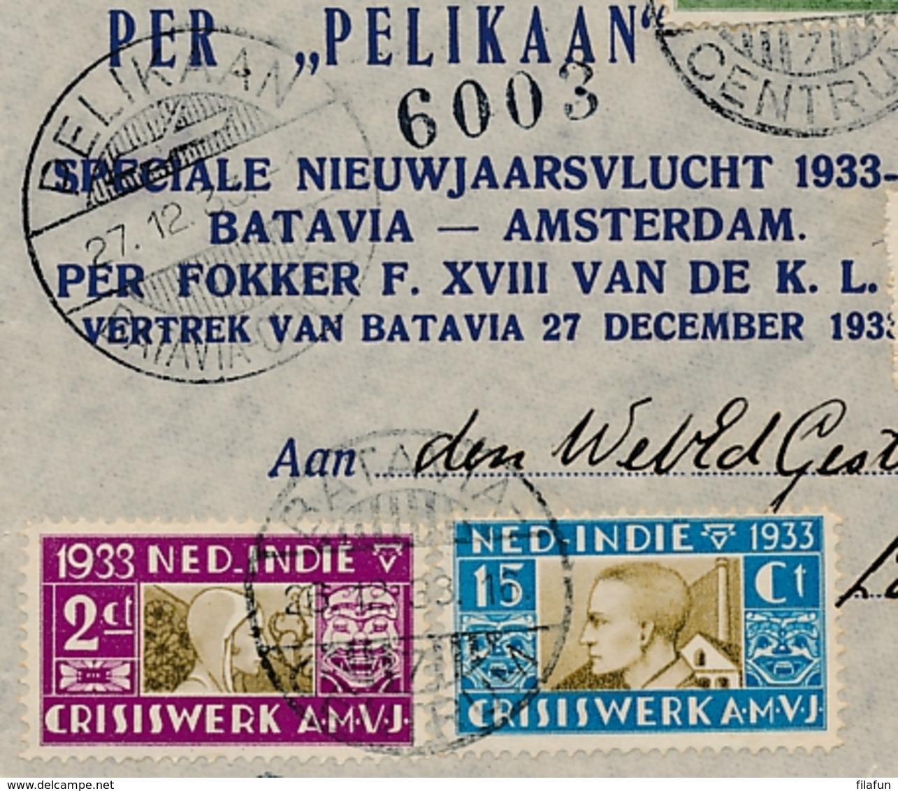 Nederlands Indië - 1933 - AMVJ-serie Op R-Pelikaanbrief Van Batavia Naar Den Haag - Inhoud: Groen Reklame Leaflet - Nederlands-Indië