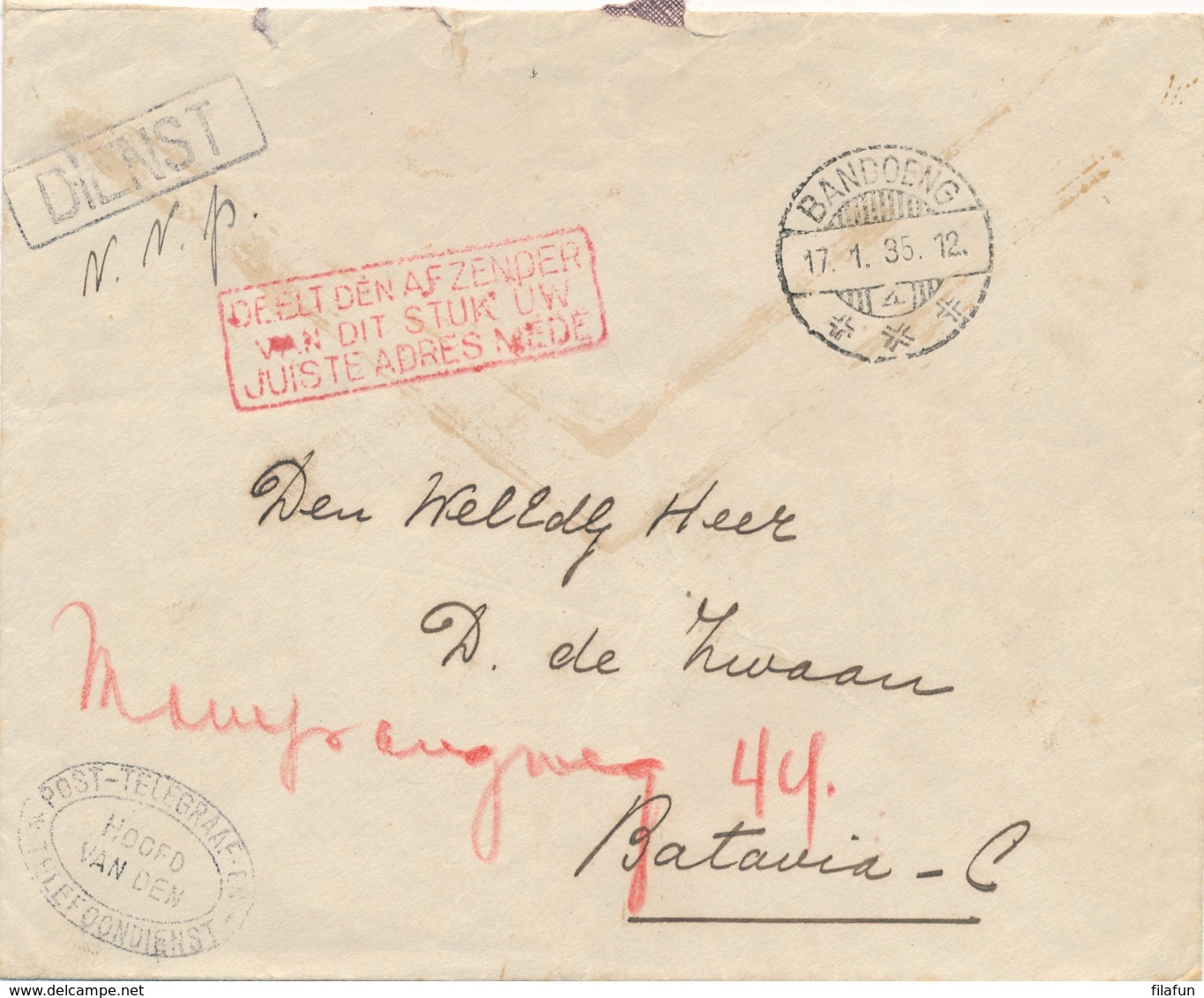 Nederlands Indië - 1934 - Brief Uit Uiver Crash Met Dienstenvelop - Deelt Den Afzender Van Dit Stuk.... - Nederlands-Indië