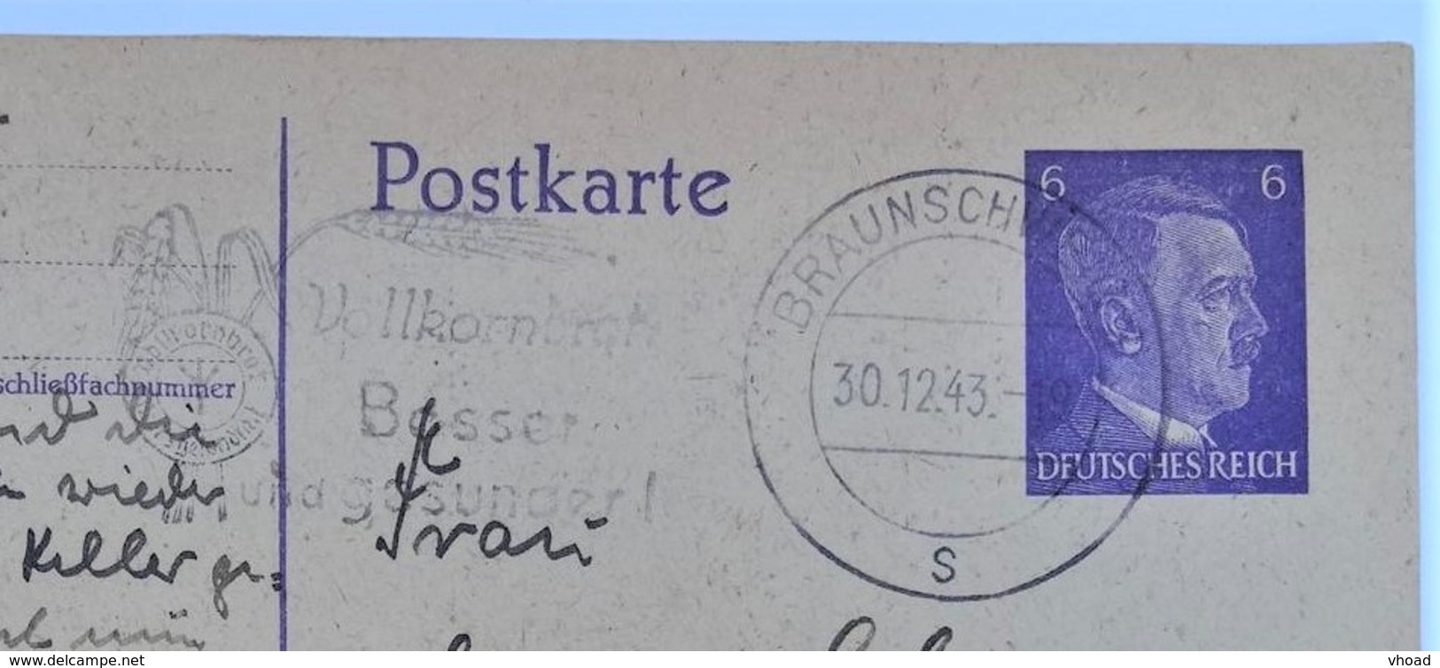 30.12.1943 DR Postkarte Braunschweig, Ganzsache P 312/08, Freistempel "Vollkornbrot - Besser Und Gesünder!" - Briefe U. Dokumente