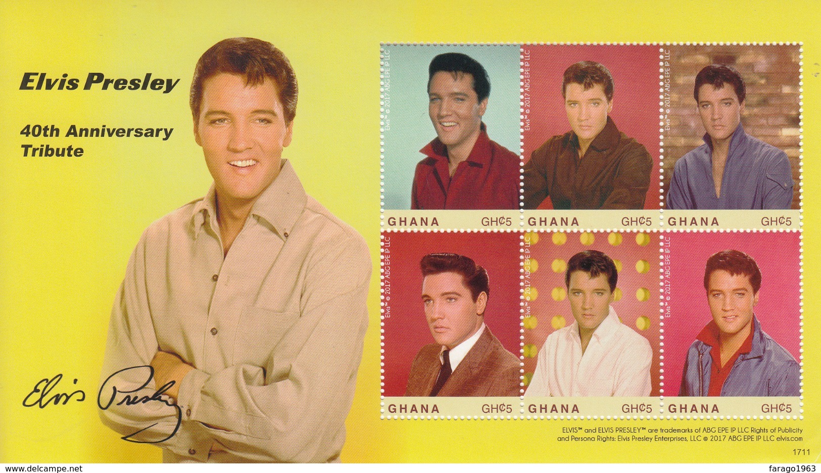 2017 Ghana Elvis Souvenir Sheet  MNH  @ BELOW Face Value  **SMALL WRINKLE Bottom Right *** - Ghana (1957-...)