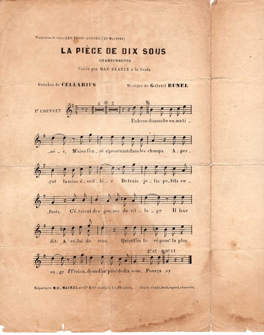 CAF CONC MAX DEARLY RESCHAL [MAYOL] PARTITION XIX LA PIÈCE DE 10 SOUS CELLARIUS BUNEL 1899 ILL FARIA - Autres & Non Classés