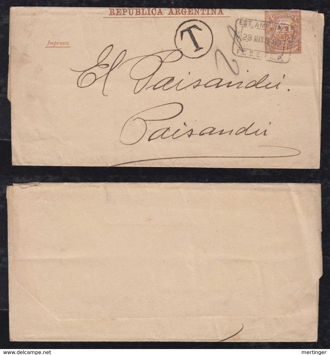 Argentina 1889 Stationery Wrapper AMBULANTE Railway Postmark To PAYSANDU Uruguay Postage Due TAX Postmark - Briefe U. Dokumente