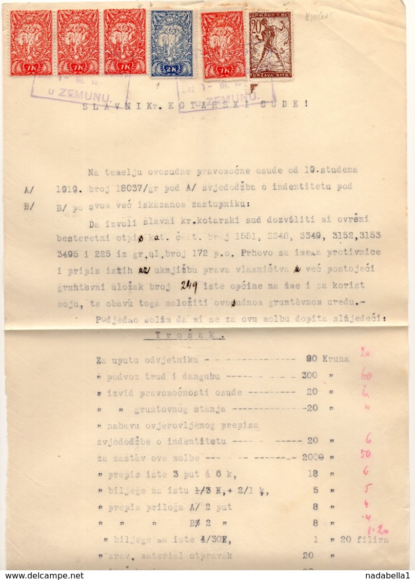 01.03.1919. KINGDOM OF SHS, CHAIN BREAKERS, VERIGARI, ZEMUN, 4 STAMPS WITH ERROR, POSTAL STAMPS AS REVENUE - Lettres & Documents