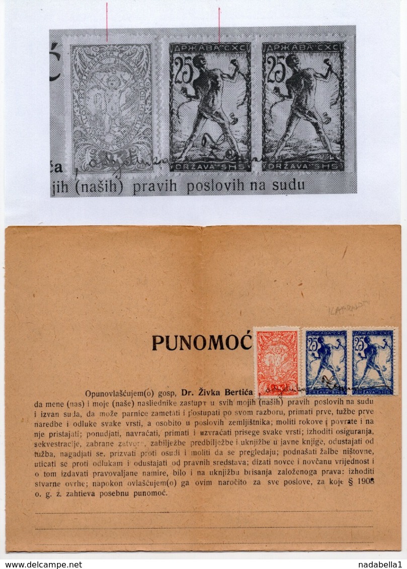 31.01.1920. KINGDOM OF SHS, CHAIN BREAKERS, VERIGARI, ZEMUN, 2 STAMPS WITH ERROR, POSTAL STAMPS AS REVENUE - Covers & Documents