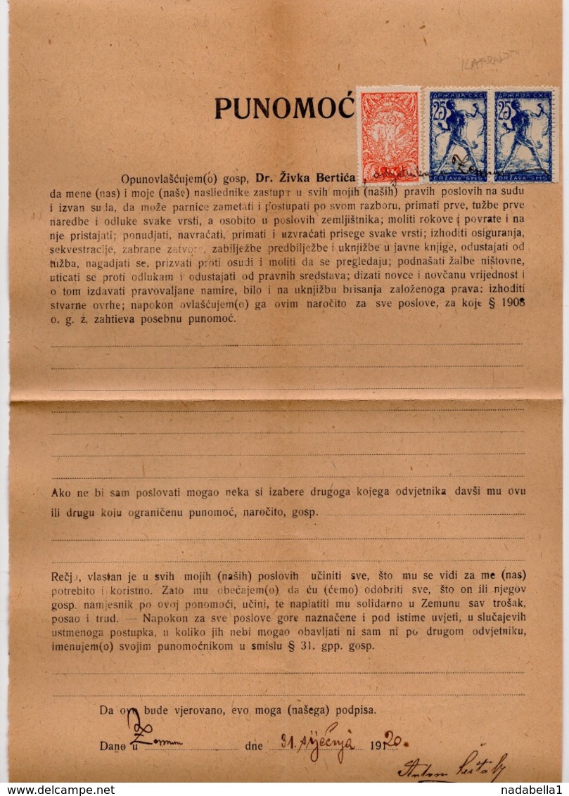 31.01.1920. KINGDOM OF SHS, CHAIN BREAKERS, VERIGARI, ZEMUN, 2 STAMPS WITH ERROR, POSTAL STAMPS AS REVENUE - Covers & Documents