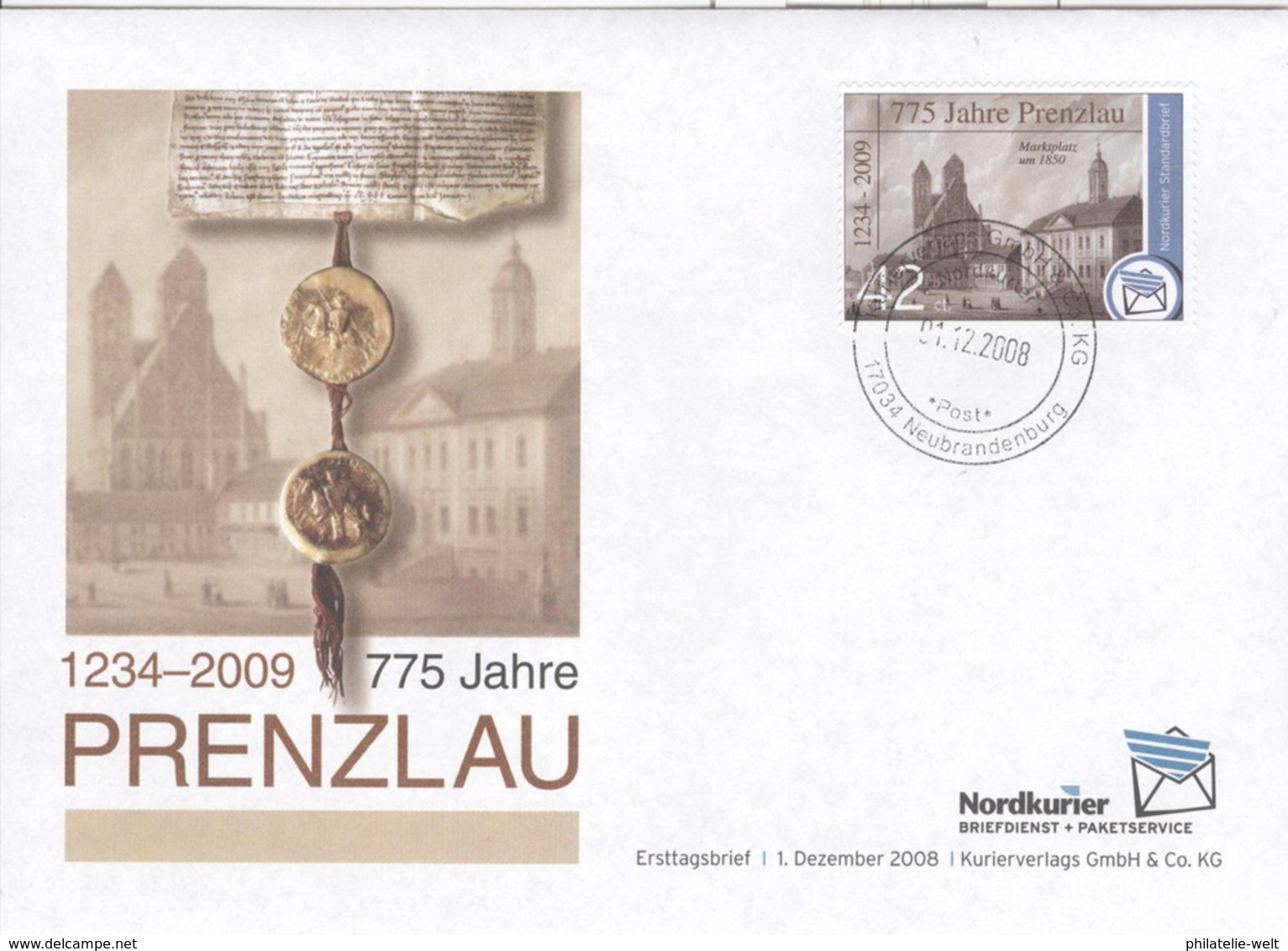 Privatpost Nordkurier 2009 42 Cent 775 Jahre Prenzlau FDC - Private & Local Mails