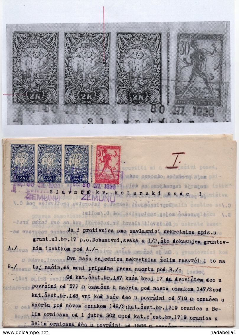 30.03.1920. KINGDOM OF SHS, CHAIN BREAKERS, VERIGARI, ZEMUN, ERROR ON 2 KR STAMP, POSTAL STAMPS AS REVENUE - Covers & Documents