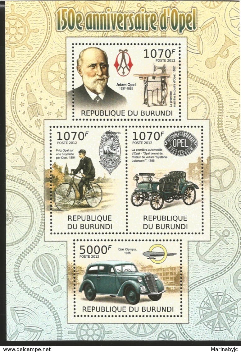 J) 2012 BURUNDI, BYCICLES, 150TH ANNIVERSARY OF OPEL CICLISM, CAR, SOUVENIR SHEET - Other & Unclassified