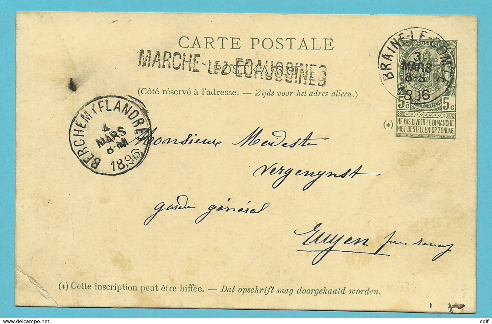 Entier Met Stempel BRAINE-LE-COMTE Met Naamstempel (Griffe D'origine) MARCHE-LEZ-ECAUSSINNES - Postcards 1871-1909