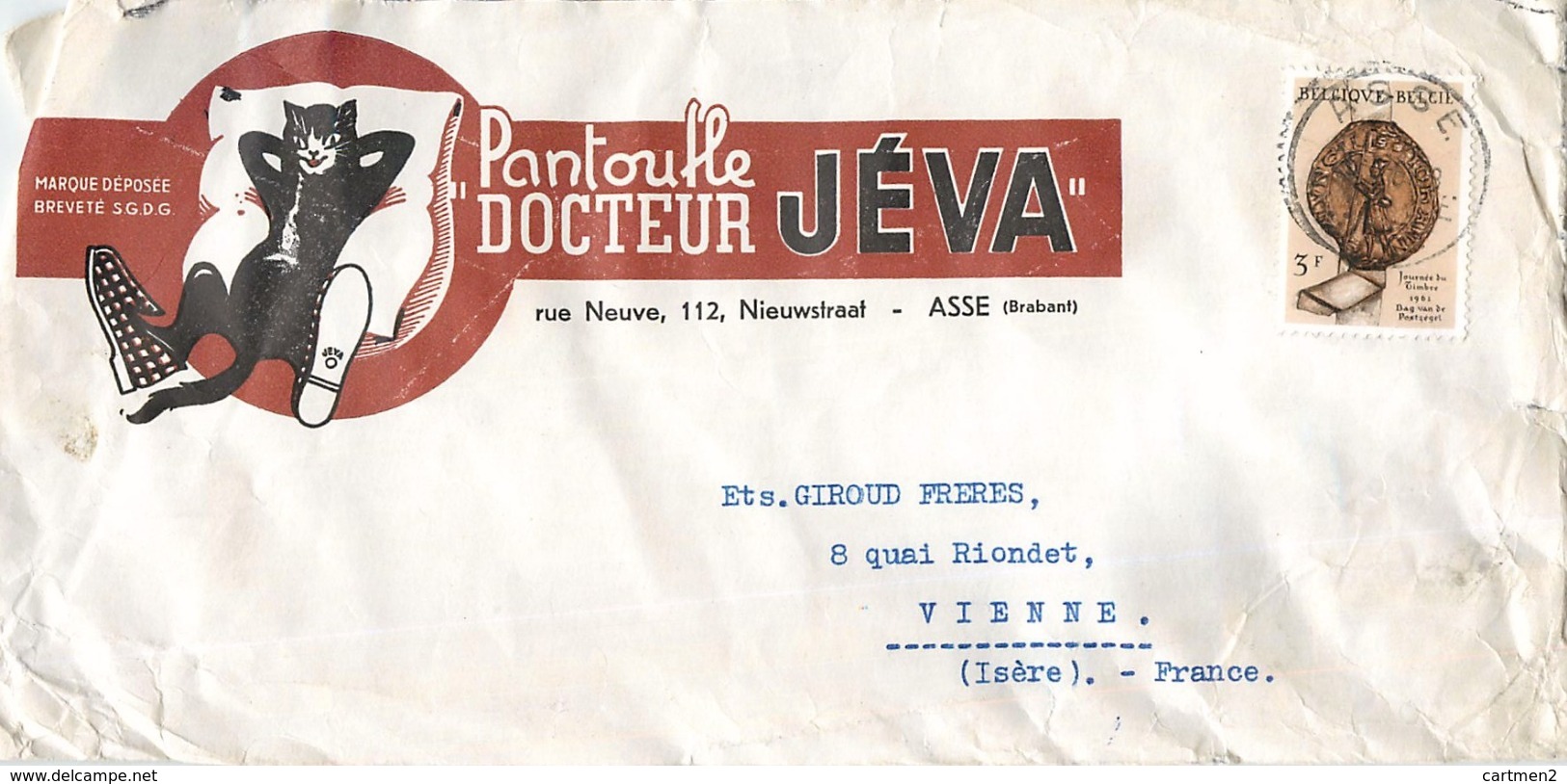 ASSE 112 RUE NEUVE PUBLICITE " PANTOUFLE JEVA " LETTRE BELGIQUE CHAT - Asse