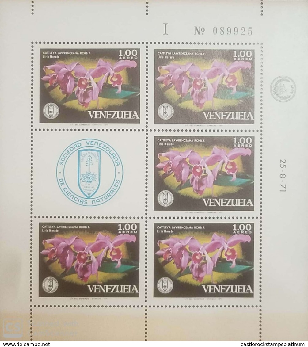 O) 1971 VENEZUELA, SOCIETY OF NATURAL HISTORY - FLOWERS - CATTLEYA LAWRENCIANA - ORCHIDS - EMBLEM, MNH - Venezuela