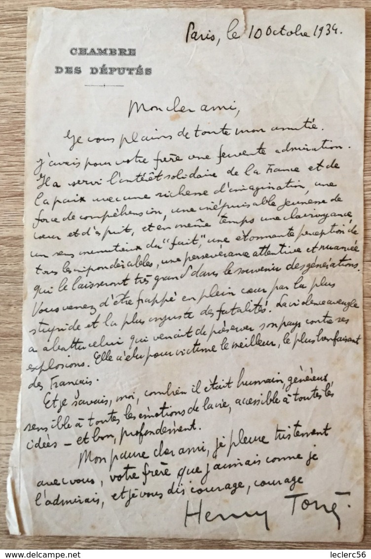 LETTRE AUTOGRAPHE HENRY TORRES POLITIQUE DEPUTE 1934 (suite Attentat Contre Alexandre 1er De Yougoslavie) - Other & Unclassified