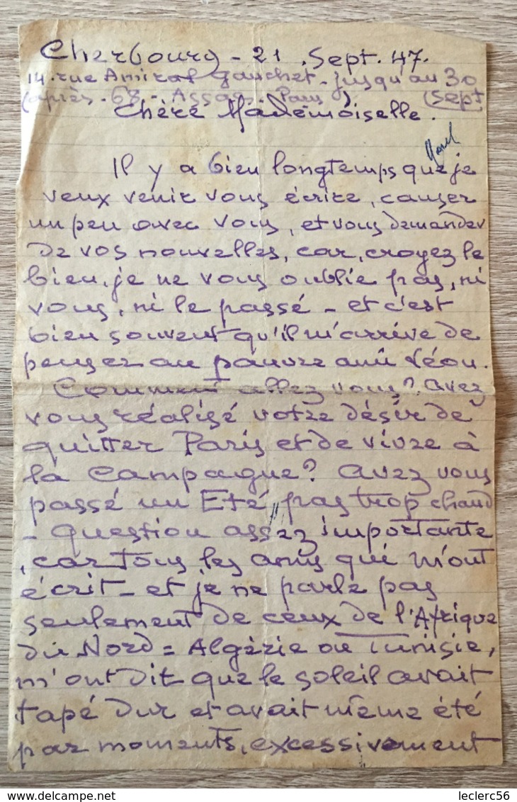 HENRI DABADIE PEINTRE LETTRE AUTOGRAPHE CHERBOURG 21 SEPTEMBRE 1947 - Autres & Non Classés