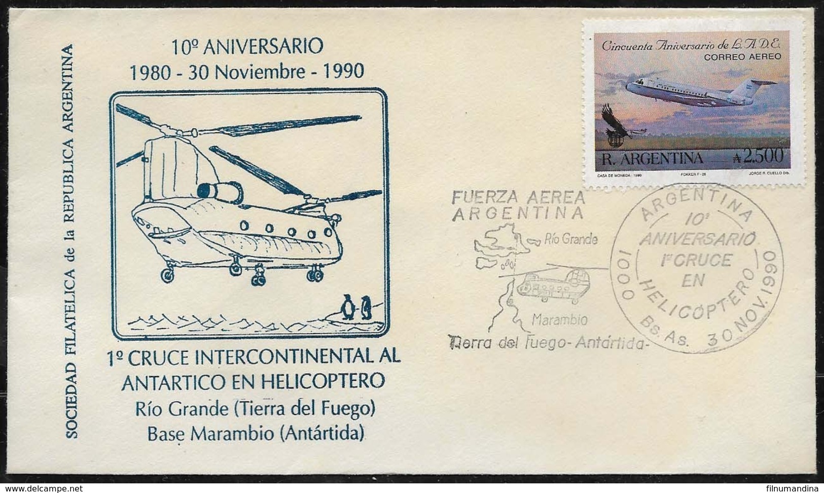 AANT-224 ARGENTINA 1990 ANTARCTICA ANTARCTIQUE 10°ANIV HELICOPTER INTERCONTINENTAL FLIGHT COVER - Research Stations