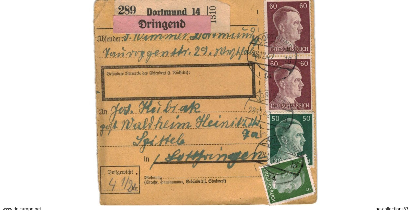 Allemagne  - Colis Postal  Départ Dortmund  - Pour Waldheim   -     28-12-42 - Cartas & Documentos