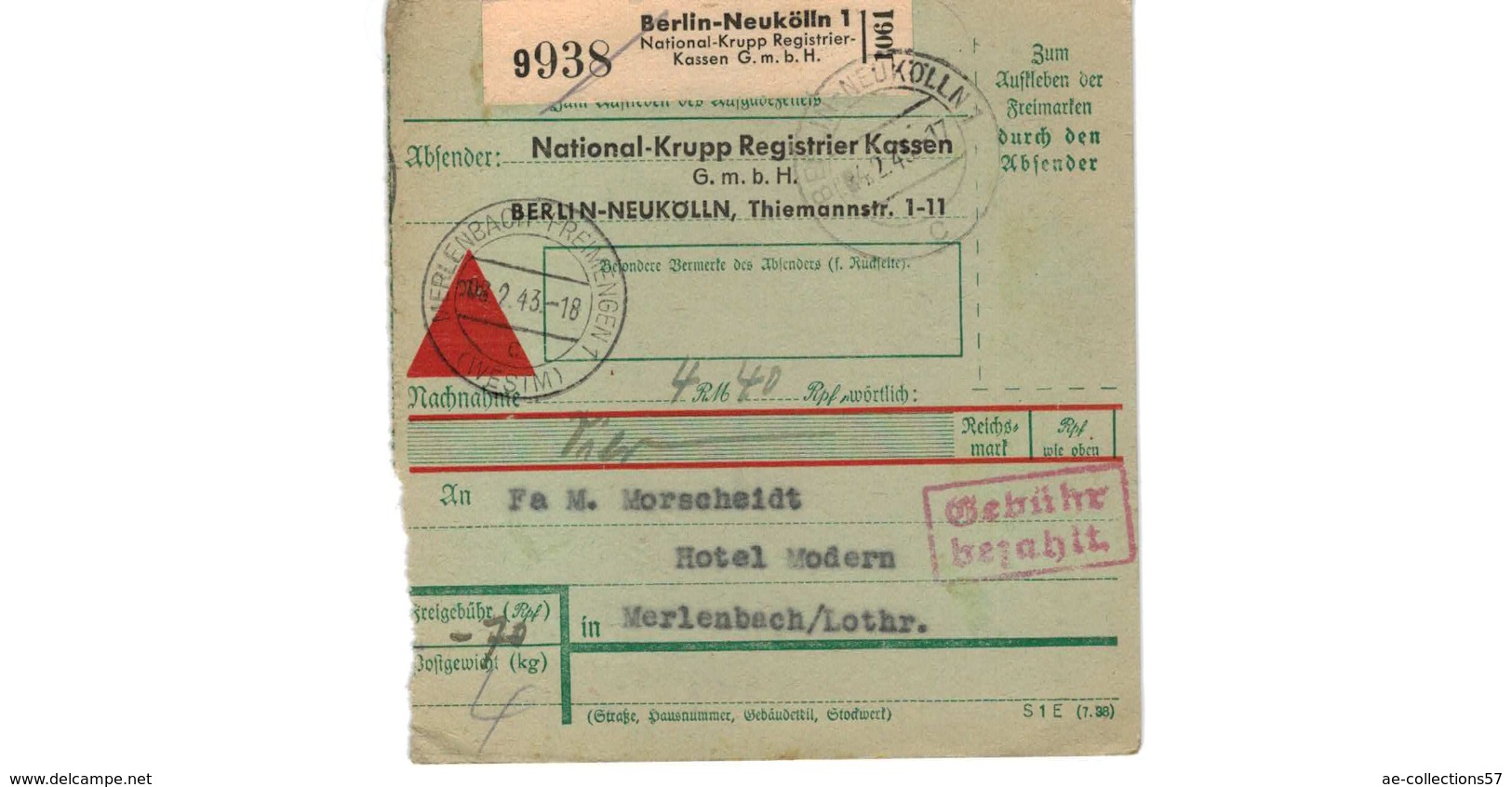 Allemagne  - Colis Postal  Départ Berlin Neukölln ( National Krupp Registrier Kassen )    -  8-2-43 - Lettres & Documents