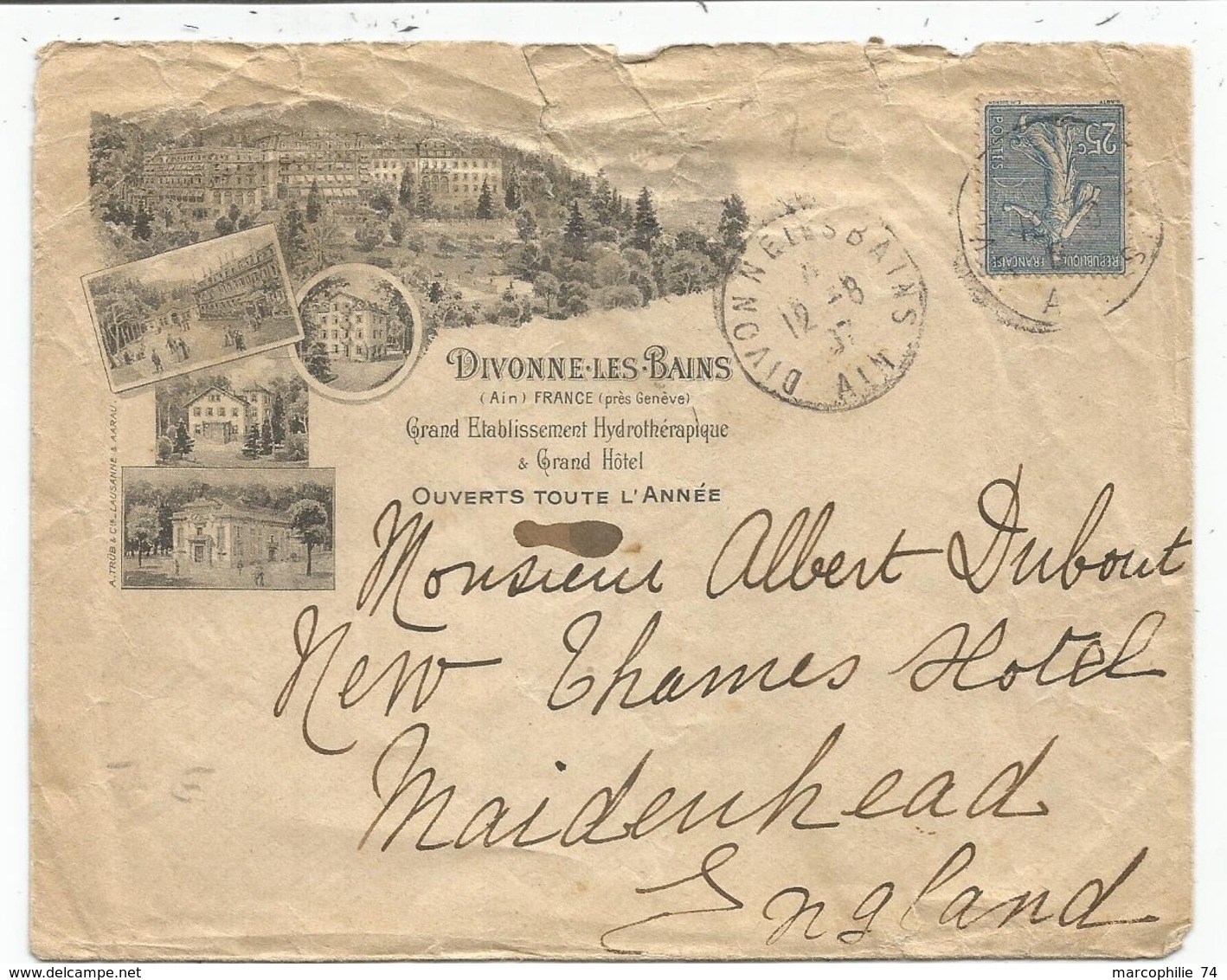 N°132 LETTRE ENTETE GRAND ETABLISSEMENTS HYDROTHERAPIQUE DIVONNE LES BAINS AIN 1907 TO ENGLAND - 1877-1920: Période Semi Moderne