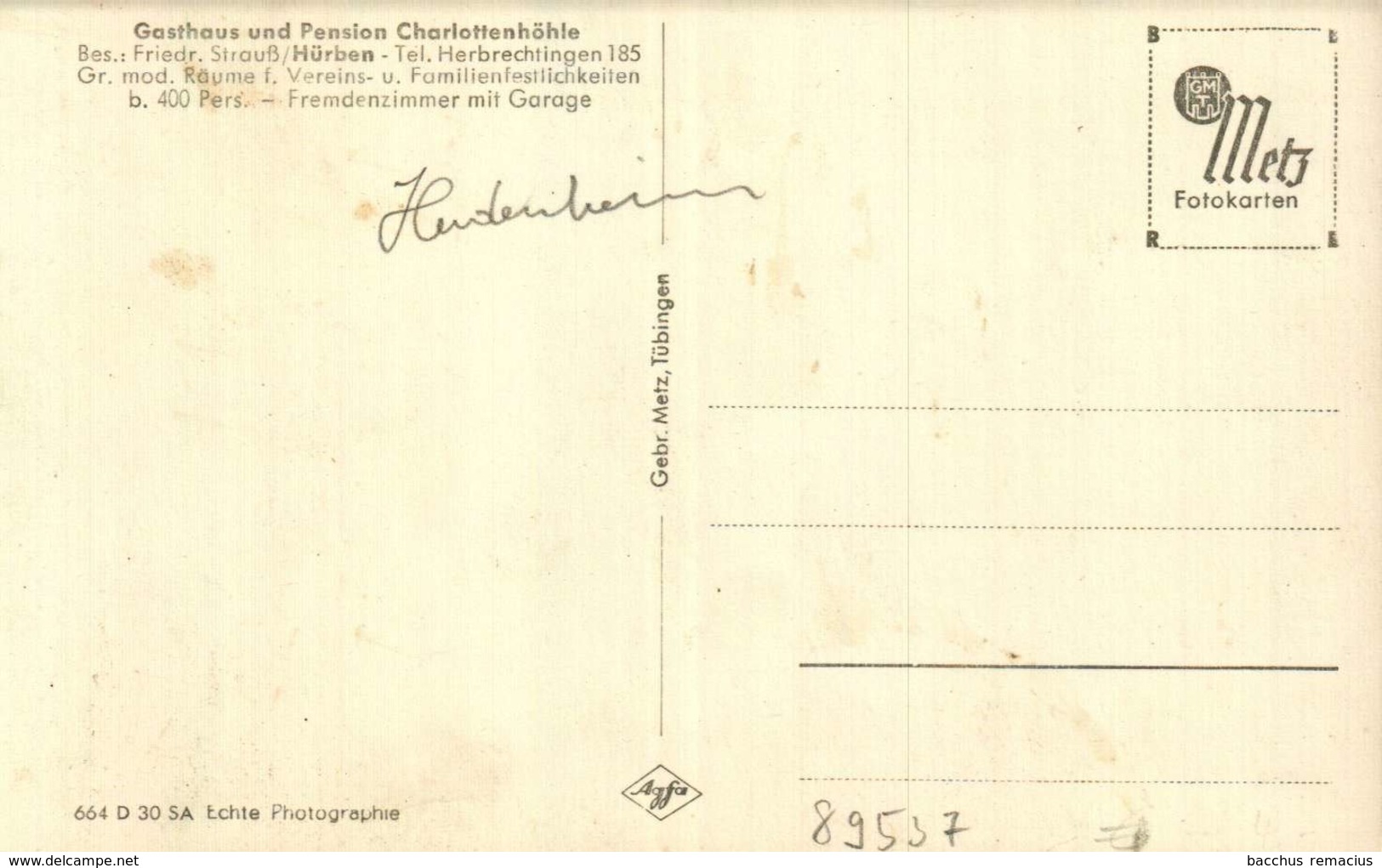 HERBRECHTINGEN - Gasthaus Und Pension Charlottenhöhle  Bes. Friedr.Strauss/Hürben - Heidenheim