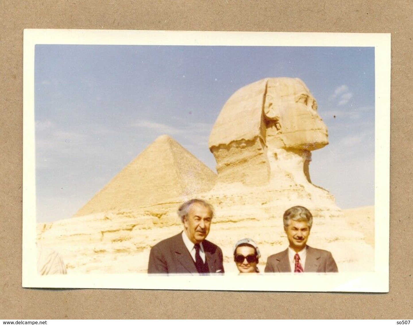 W23-Two Men,girl In Front Of Pyramid,Sphinx,Egypt-Out Of Frame-Vintage Photo Snapshot - Africa