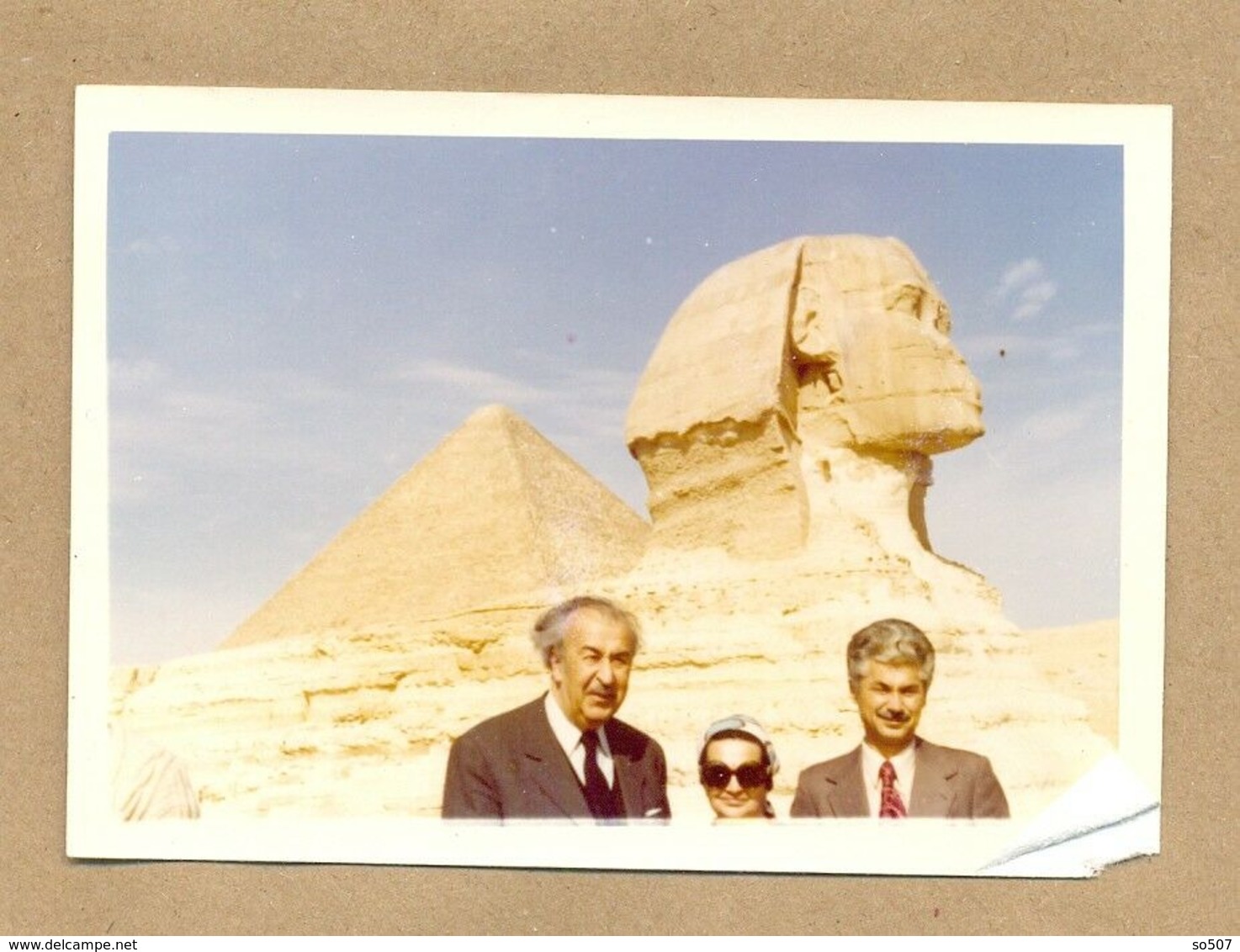 W23-Two Men,girl In Front Of Pyramid,Sphinx,Egypt-Out Of Frame-Vintage Photo Snapshot - Africa