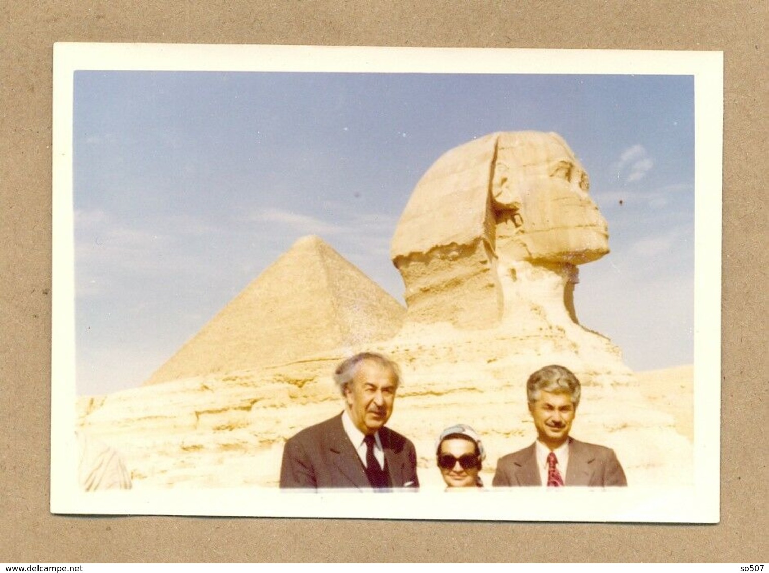 W23-Two Men,girl In Front Of Pyramid,Sphinx,Egypt-Out Of Frame-Vintage Photo Snapshot - Africa