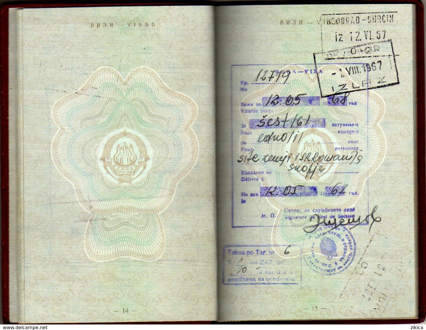 Passeport,passport, pasaporte, reisepass,Yugoslavia - tax stamps of France,visas of Netherland,France,U.K.