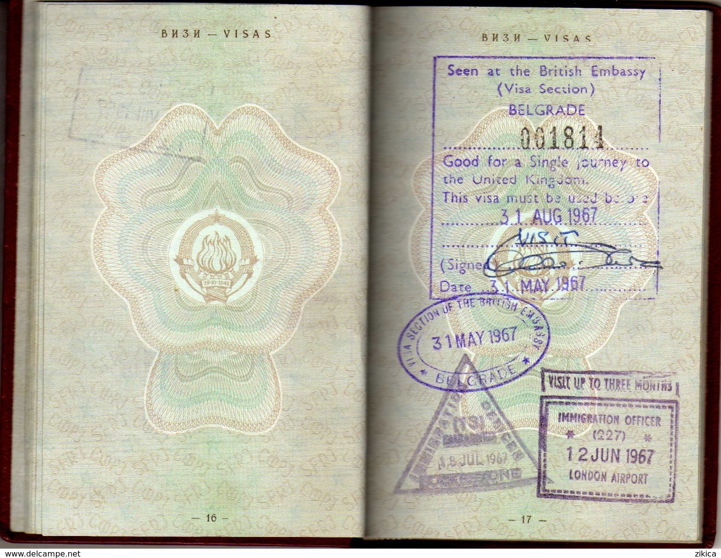 Passeport,passport, pasaporte, reisepass,Yugoslavia - tax stamps of France,visas of Netherland,France,U.K.