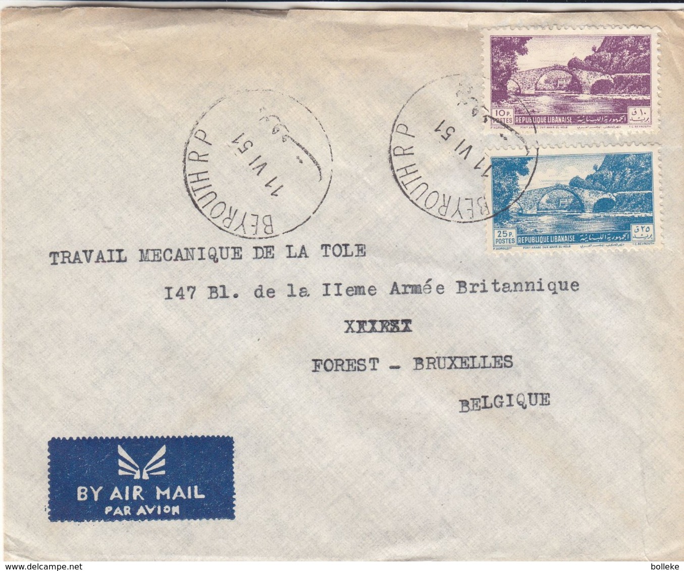 Liban - Lettre De 1951 ° - Oblit Beyrouth - Ponts - Libano